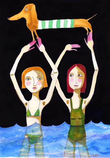 Whimsical Dog and Swimmers by Sharyn Bursic