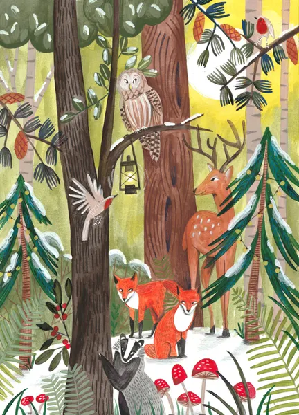 Green Christmas forest with animals by Caroline Bonne Müller