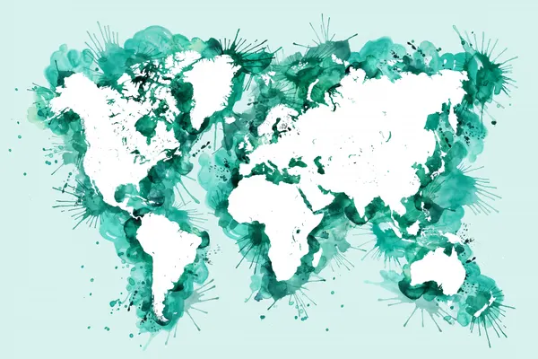 Teal Watercolor World Map by Rosana Laiz Blursbyai