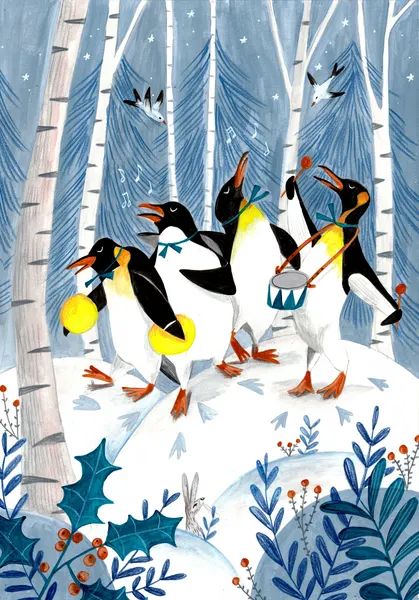 Penguins make music in the forest Christmas by Caroline Bonne Müller