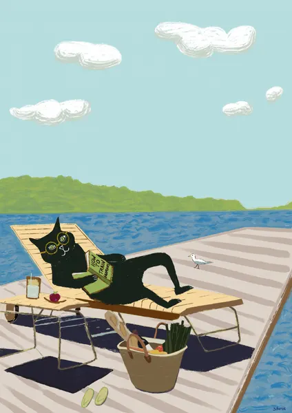 Reading Cat on Dock by Sharyn Bursic