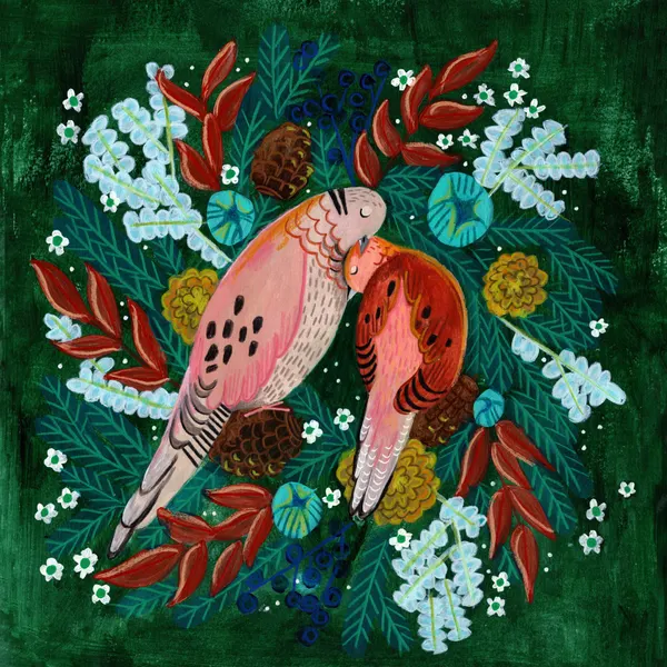 Winter birds turtle dove in green Christmas by Caroline Bonne Müller