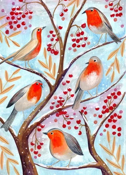 Winter birds robins Christmas snow by Caroline Bonne Müller