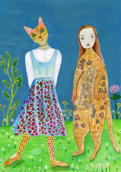 Whimsical Cat Leopard Girls by Sharyn Bursic