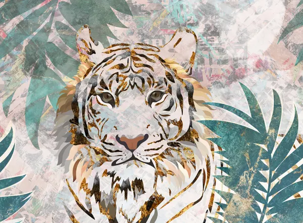 Tiger grunge tropical palm wall mural by Sarah Manovski