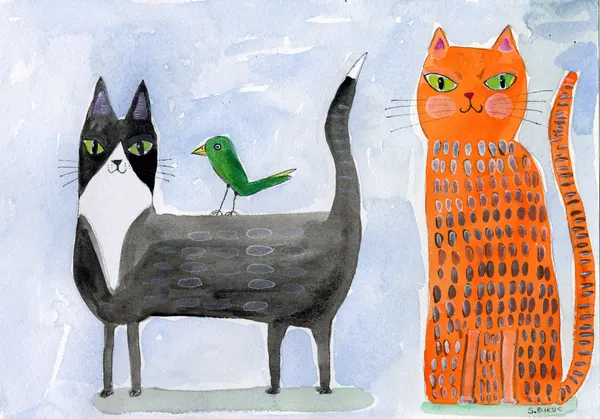 Whimsical Cats and Bird by Sharyn Bursic