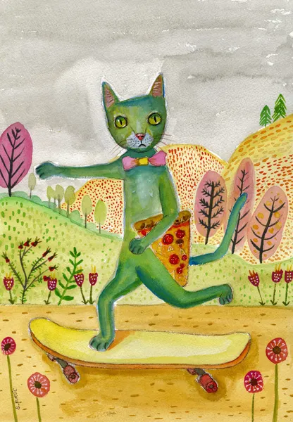 Green Cat Skateboard Pizza by Sharyn Bursic