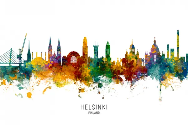 Helsinki Watercolor Skyline by Michael Tompsett