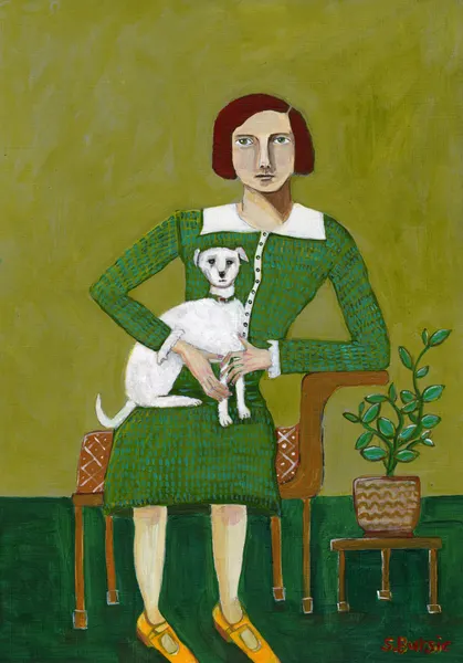 Woman with Her White Dog by Sharyn Bursic