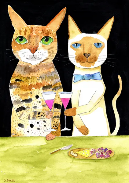 Romantic Cats Toasting Wine by Sharyn Bursic