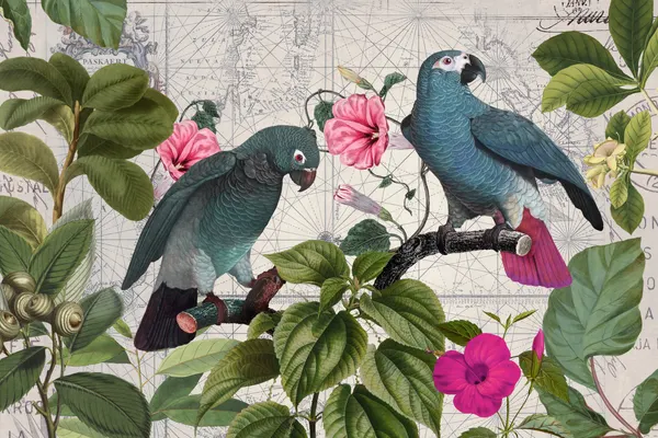 Blue Parrots Tropical Map by Andrea Haase