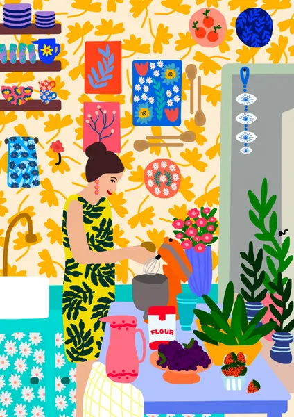 A Woman In A Kitchen With Flowers by Rafaela Mascaro