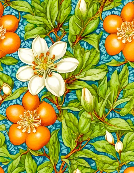 White Blossoms Orange Fruit by Uma Gokhale