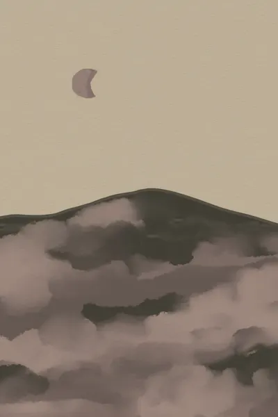 Crescent Moon Over Misty Mountains by Josie George