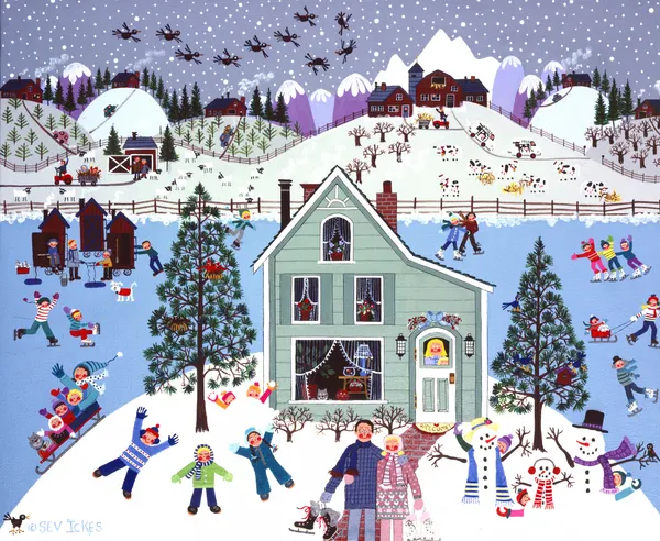 Joyful Winter Village Scene by Sev Ickes