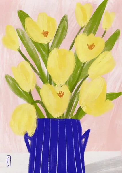 Spring Tulips Blue Vase by Dirkie Nell