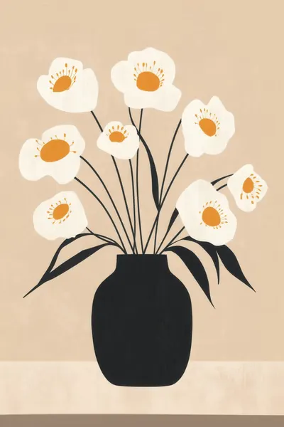 White Blooms Black Vase by Melloi Art Prints