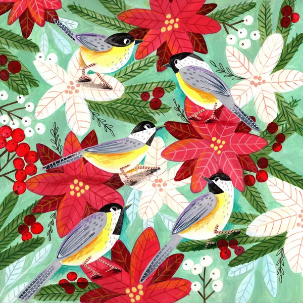 Winter birds tits and Christmas flowers by Caroline Bonne Müller