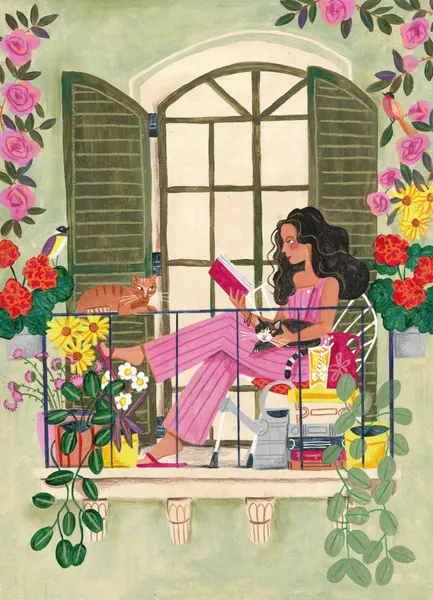 Woman reads on balcony by Caroline Bonne Müller