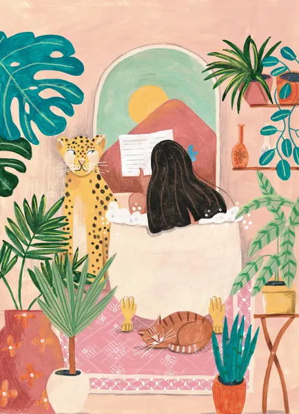 Woman taking bath in pink tropical bathroom by Caroline Bonne Müller
