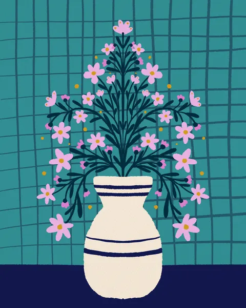 Pink Flowers Teal Grid by Angela Minca