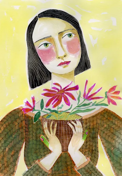 Thoughtful Woman with Flowers by Sharyn Bursic