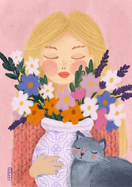 Dreamy Girl Cat Flowers by Dirkie Nell
