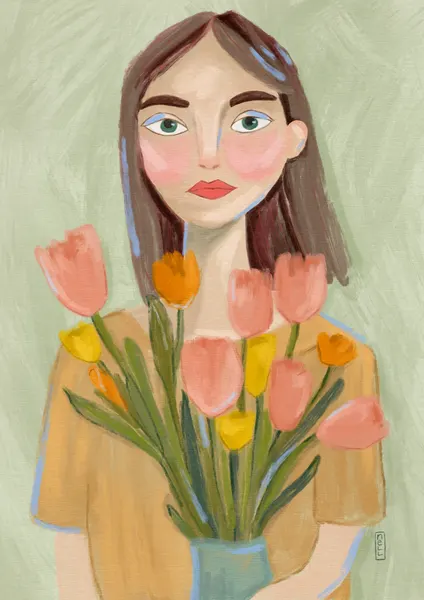 Woman with Spring Tulips by Dirkie Nell