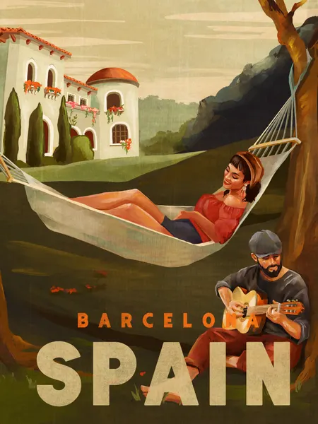 Barcelona Spain Guitar Player Travel Art by The Whiskey Ginger