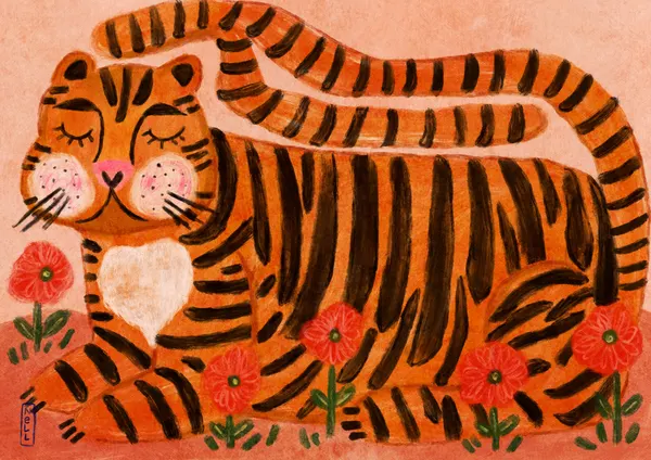 Happy Tiger in Poppies by Dirkie Nell