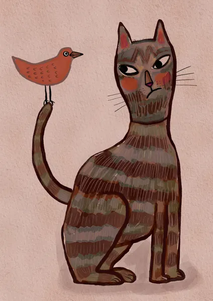 Whimsical Cat And Bird by Sharyn Bursic