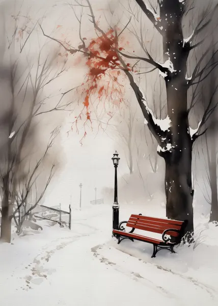 Snowy Park Red Bench by Andreas Magnusson