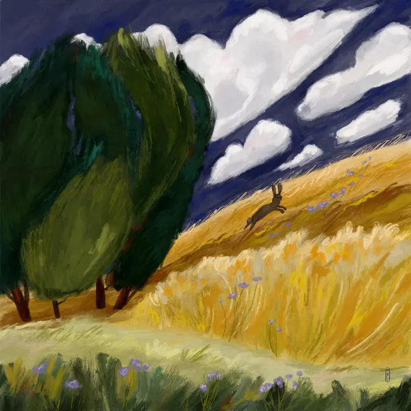 Running Hare Golden Field by Dirkie Nell