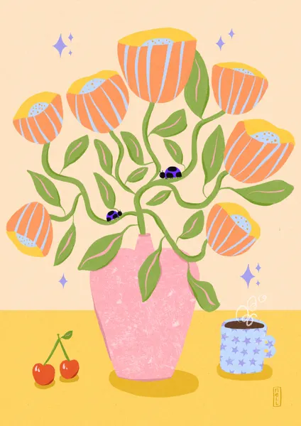 Whimsical Flowers And Cherries by Dirkie Nell