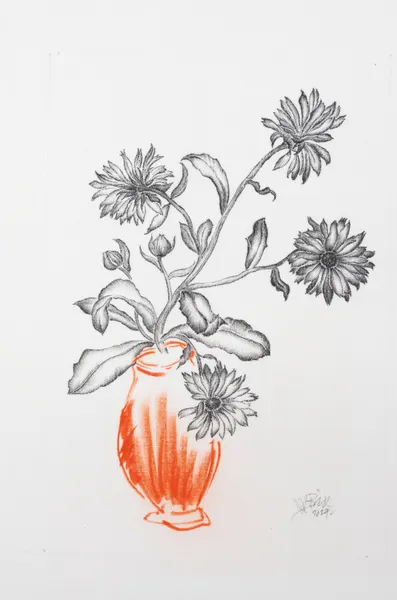 Orange Vase Botanical Drawing by Mette Rix