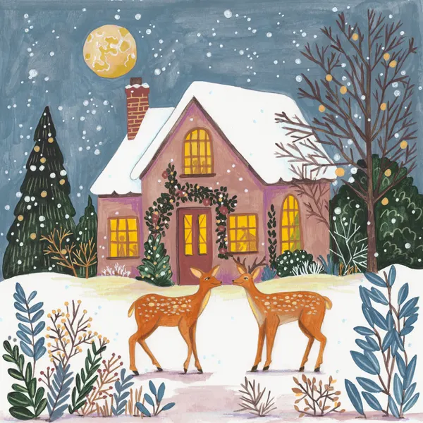Cottage with deer in the snowy garden Christmas by Caroline Bonne Müller