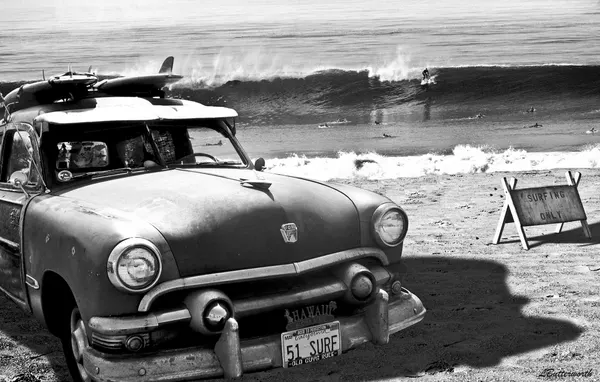 Vintage Car Surf Beach by LARRY BUTTERWORTH