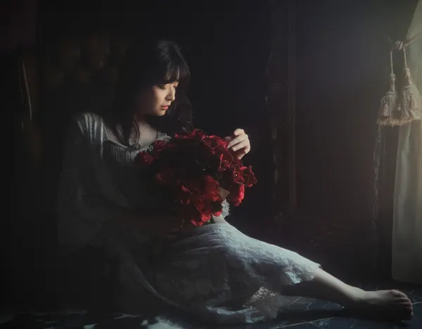 Pensive Woman Red Flowers by Blue_Rose