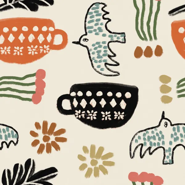 Nordic Folk Cups And Birds by Raipa Studio