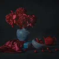 Dark Peonies And Cherries, wall art by Lydia Jacobs