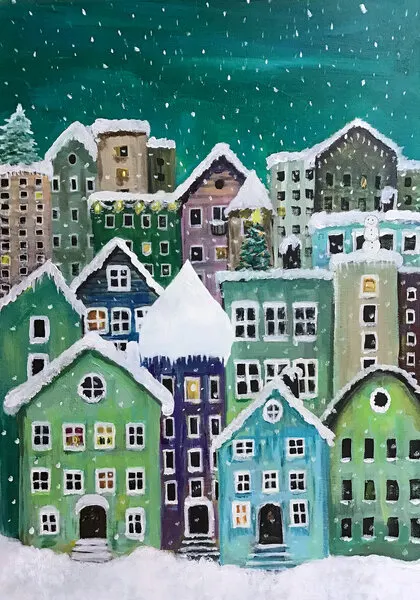 Cozy Winter Village, wall art by Monica Lindblom