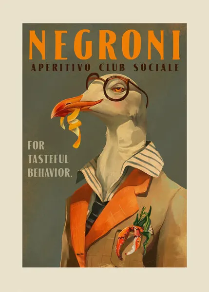 Vintage Art Deco Negroni Poster Of A Fancy Seagull, wall art by The Whiskey Ginger