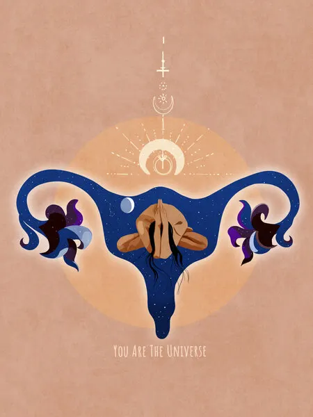 Spiritual, Feminine, Energy, Stars, Moon, Vulva, Meditation, Yoga, and Inspiration Poster Spir 1b, wall art by Emel Tunaboylu