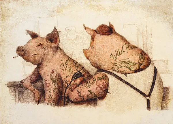 Tattooed Pigs In A Vintage Style, wall art by Mike Koubou
