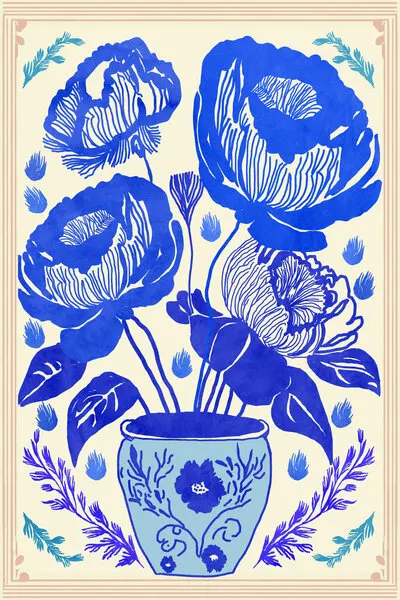 Indigo Floral Vase, wall art by casa cartissi