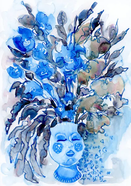 Whimsical Blue Floral Head, wall art by Rosana Laiz Blursbyai