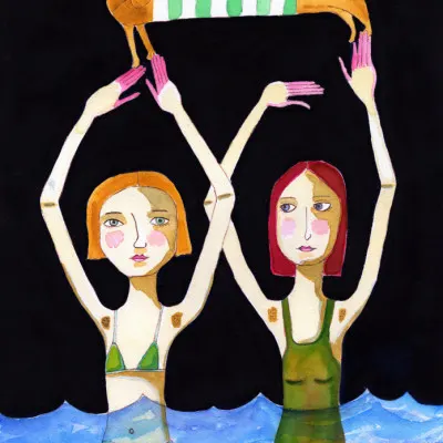 Whimsical Dog and Swimmers, wall art by Sharyn Bursic