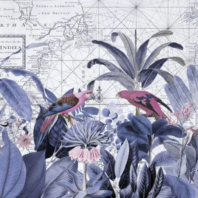 Pink Parrots Tropical Map, wall art by Andrea Haase
