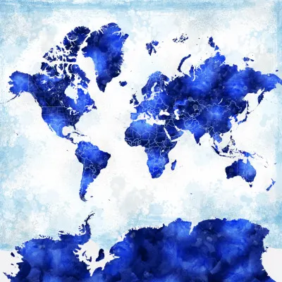 Blue Watercolor World Map, wall art by Rosana Laiz Blursbyai