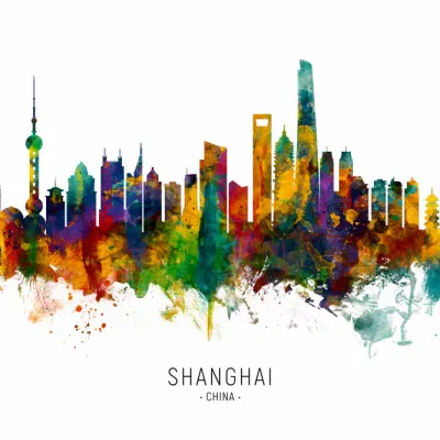 Colorful Shanghai Skyline, wall art by Michael Tompsett